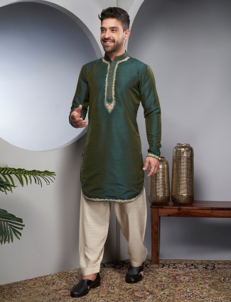 Latest dark green raw silk kurta suit