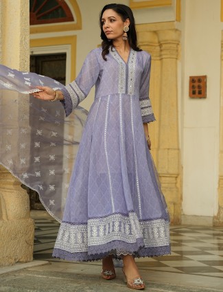 Latest light blue printed kurti set in cotton