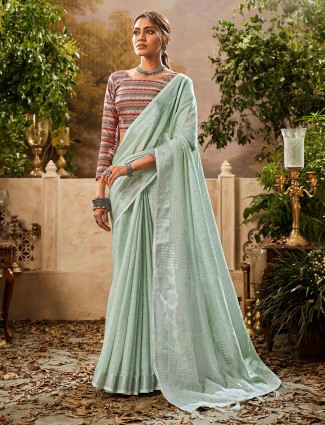 Latest light green khadi linen saree