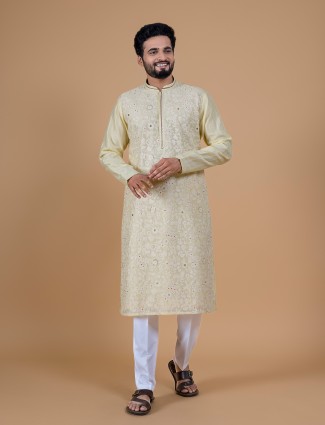 Latest light yellow silk kurta suit