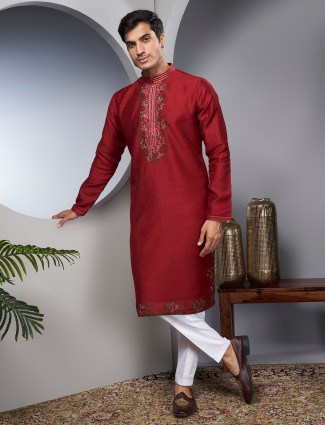 Latest maroon silk kurta suit with embroidery