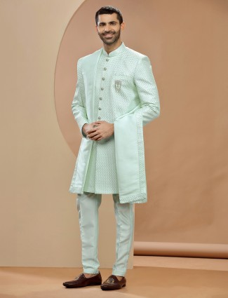 Latest mint green terry rayon indowestern