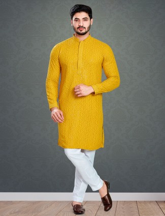Latest mustard yellow embroidery cotton kurta suit