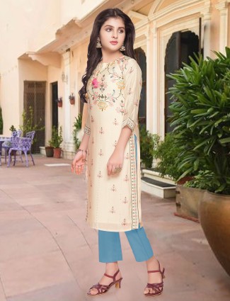 Latest pants style peach cotton silk salwar suit for festive wear