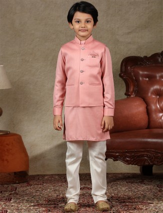 Latest peach cotton silk waistcoat set for boys