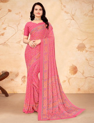 Latest pink bandhej printed saree