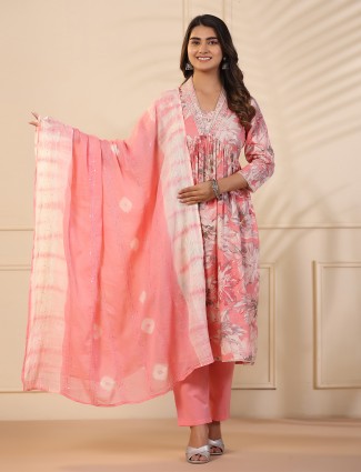 Latest pink printed kurti set in silk