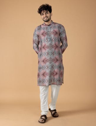 Latest printed grey kurta suit in silk