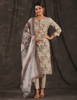 Latest printed grey silk kurti set