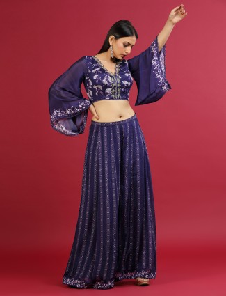 Latest purple printed crop top with palazzo