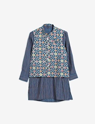 Latest rama blue silk printed waistcoat set