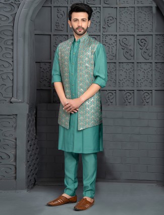Latest rama green silk waistcoat set