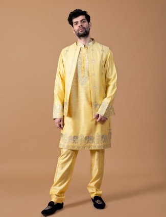 Latest raw silk yellow waistcoat set