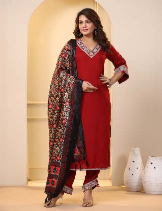 Latest red plain silk kurti set