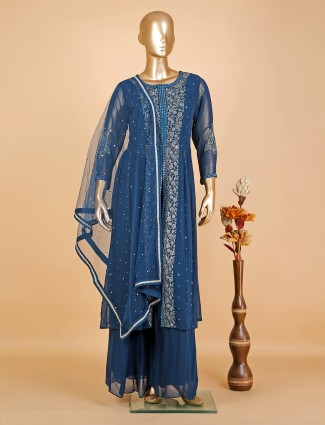Latest teal blue georgette palazzo suit