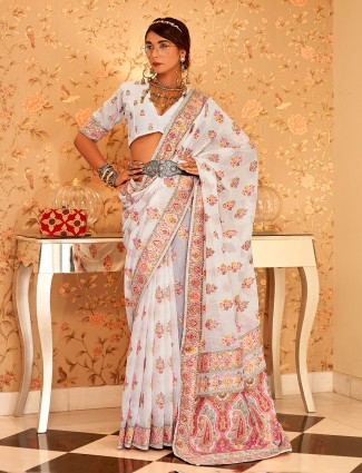 Latest white pashmina silk saree