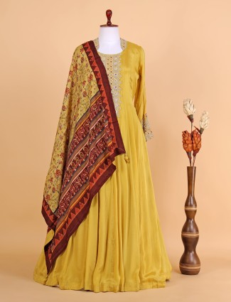 Latest yellow floor length suit with printed dupatta
