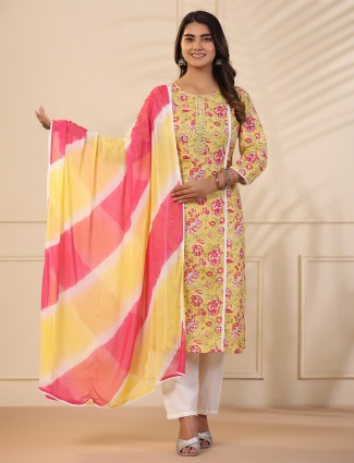 Latest yellow printed kurti set in cotton
