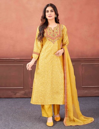 Latest yellow printed salwar suit in silk
