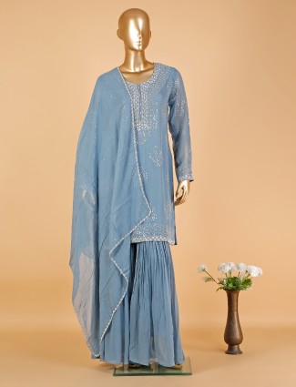 Light blue georgette sharara suit with dupatta