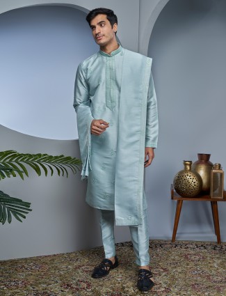 Light blue kurta suit in raw silk