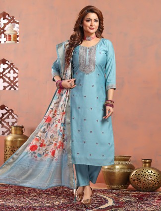 Light blue salwar suit with printed dupatta
