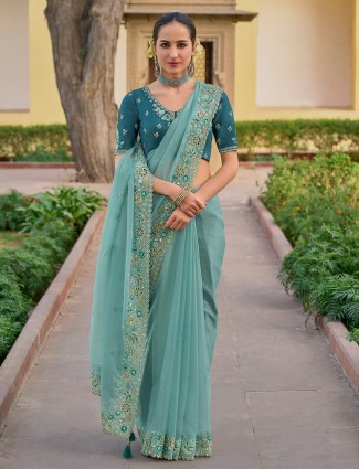 Light blue saree with embroidery border