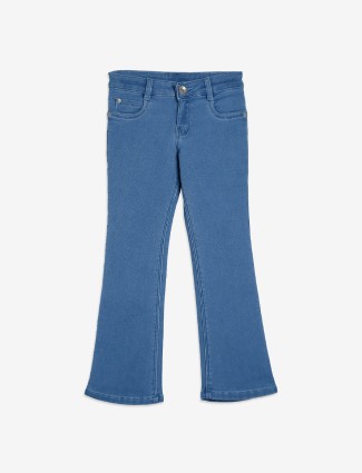 Light blue solid denim flare jeans