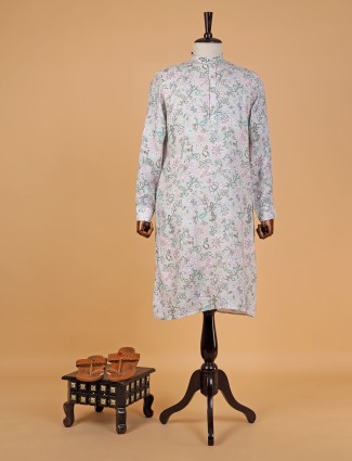 Light grey floral printed cotton kurta suit