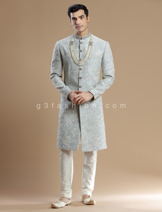 Light grey lavish groom wear sherwani in raw silk