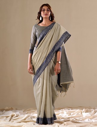 Light grey plain cotton saree