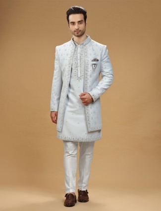 Light grey silk indowestern with embroidery