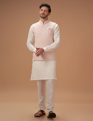 Light pink cotton lucknowi waistcoat set