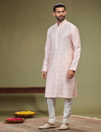 Light pink cotton silk embroidery kurta suit