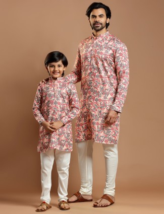 Light pink father and son kurta suit in cotton silk