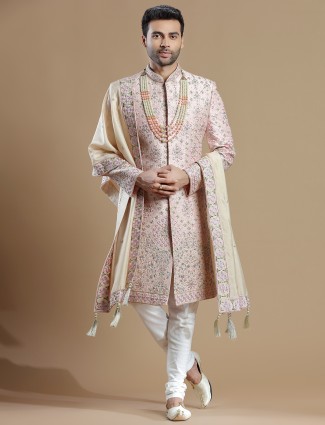 Light pink groom wear sherwani in raw silk