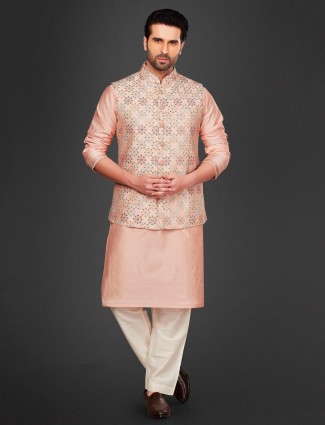 Light pink men cotton silk waistcoat set