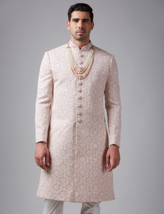 Light pink silk embroidery groom sherwani