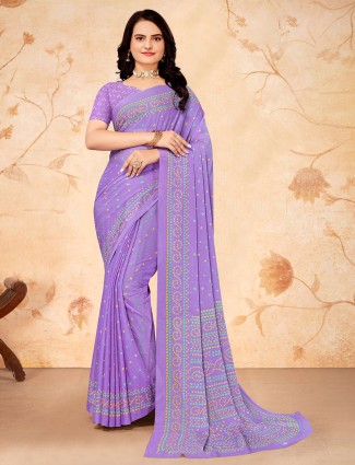 Light purple bandhani chiffon printed saree