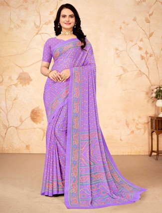 Light purple chiffon printed saree
