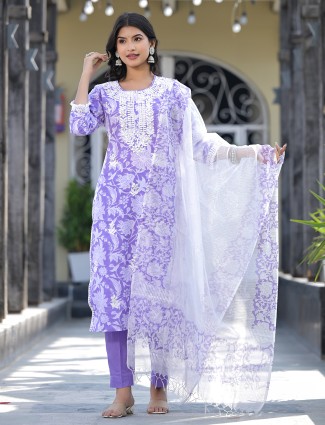 Light purple cotton floral printed kurti set