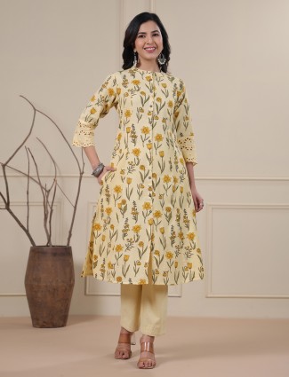 Light yellow floral printed cotton kurti