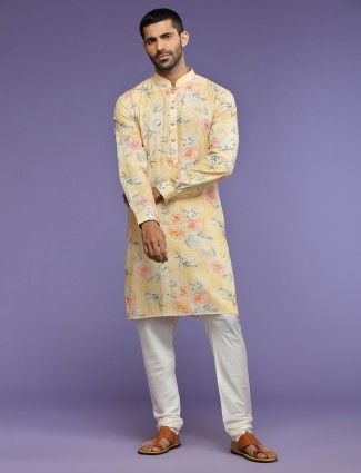Light yellow printed kurta suit in linen