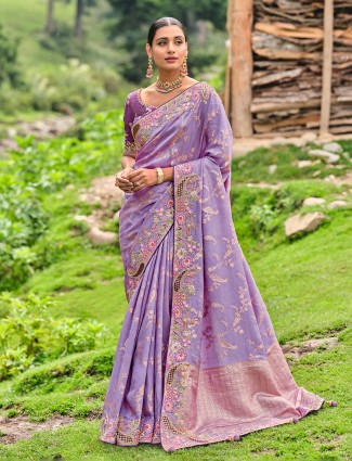 Lilac purple saree with embroidery border
