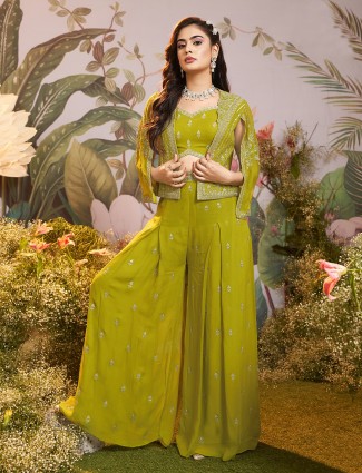 Lime green georgette palazzo suit with jacket