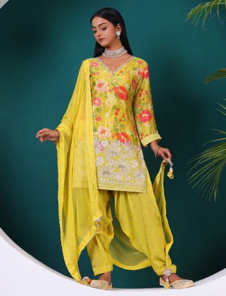 Lime green printed salwar suit in silk
