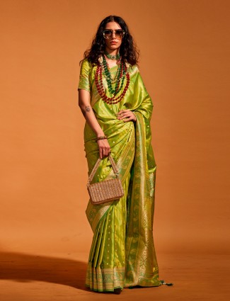 Lime green satin silk saree for wedding