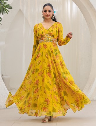 Lime yellow organza printed floor length suit