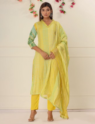 Lime yellow printed kurti set in cotton