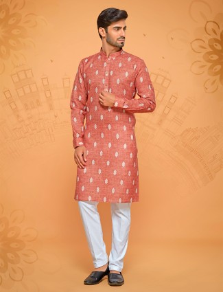 Linen cotton kurta suit in rust orange